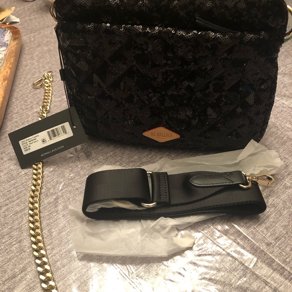 MZ Wallace Black Sequin Crossbody Bag with Gold Chain